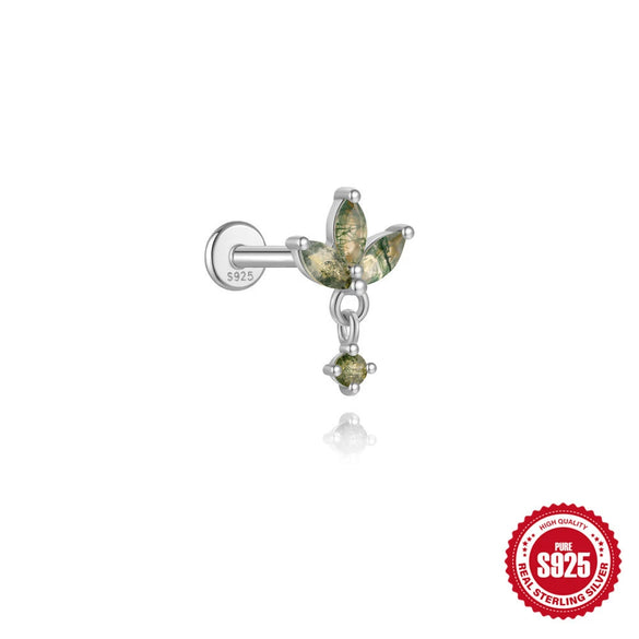 Wholesale Piercing Ear Bone Nail S925 Sterling Silver Geometric Natural Moss Agate Diamondset Environmentally Friendly Electroplated Unisex