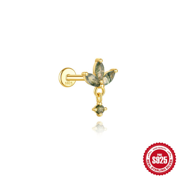Wholesale Piercing Ear Bone Nail S925 Sterling Silver Geometric Natural Moss Agate Diamondset Environmentally Friendly Electroplated Unisex