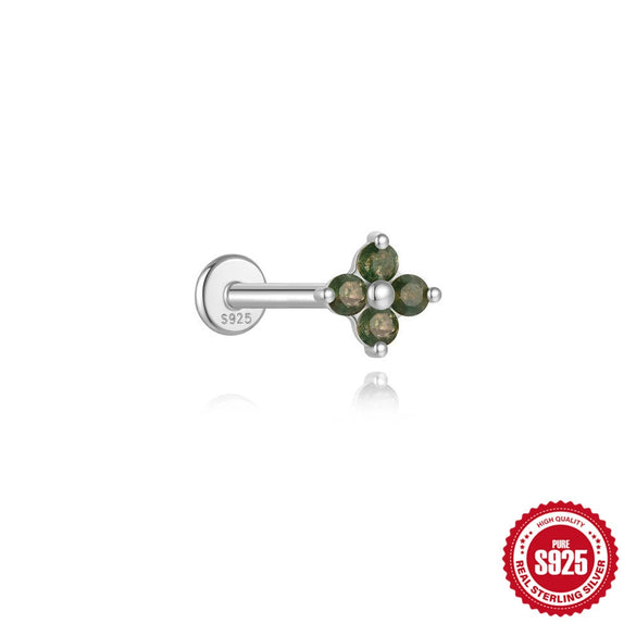 Wholesale Piercing Ear Bone Nail S925 Sterling Silver Geometric Natural Moss Agate Diamondset Environmentally Friendly Electroplated Unisex