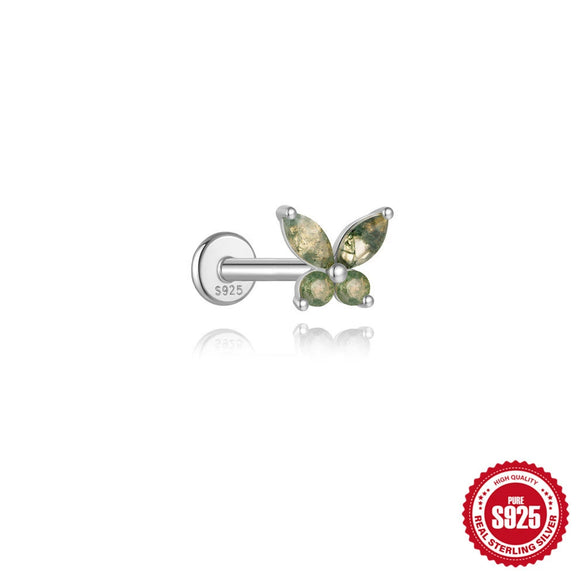 Wholesale Piercing Ear Bone Nail S925 Sterling Silver Geometric Natural Moss Agate Diamondset Environmentally Friendly Electroplated Unisex