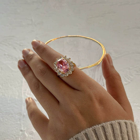 Wholesale Pink Zircon Ring In Ins Style Stainless Steel Geometric Shape Electroplating For Ladies