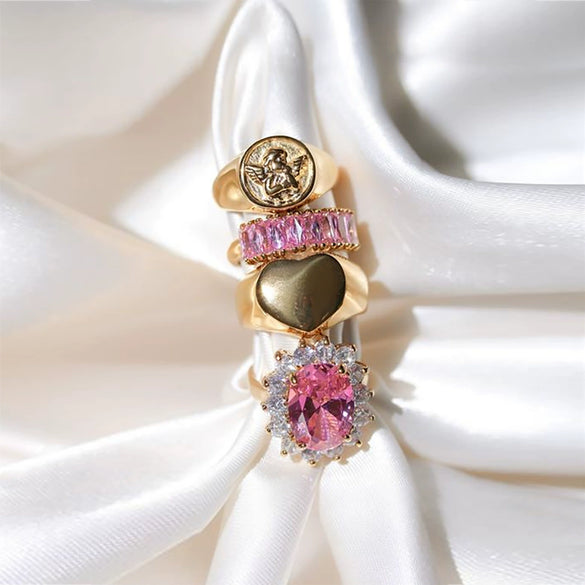 Wholesale Pink Zircon Ring In Ins Style Stainless Steel Geometric Shape Electroplating For Ladies