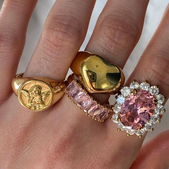 Wholesale Pink Zircon Ring In Ins Style Stainless Steel Geometric Shape Electroplating For Ladies