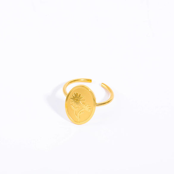 Wholesale Plant Flowers Style Geometric Titanium Steel Open Ring Electroplated With 18K Gold And Zircon Birthstone