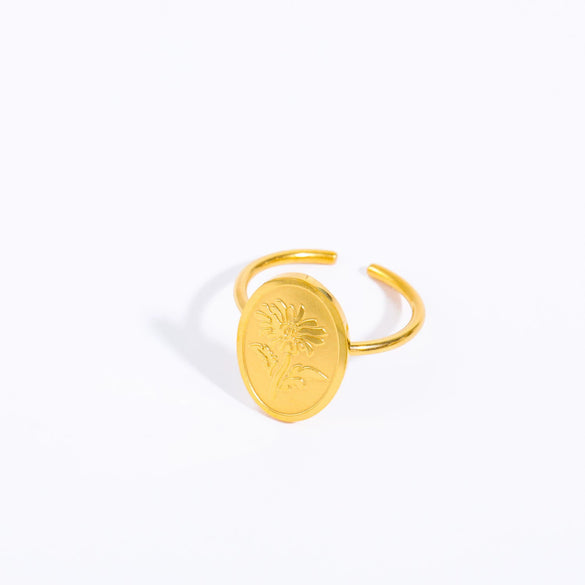 Wholesale Plant Flowers Style Geometric Titanium Steel Open Ring Electroplated With 18K Gold And Zircon Birthstone