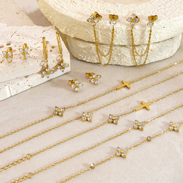 Wholesale Plants Flowers Pattern Stainless Steel Electroplated Women's Earrings Necklace And Bracelet Set Accessories