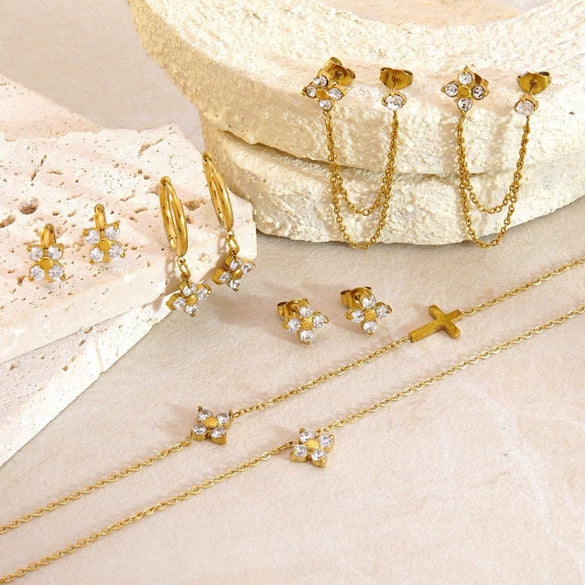 Wholesale Plants Flowers Pattern Stainless Steel Electroplated Women's Earrings Necklace And Bracelet Set Accessories