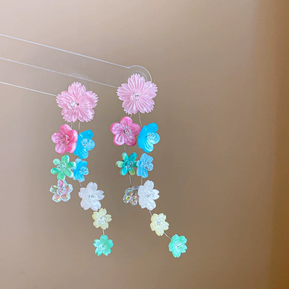 Wholesale Plastic Resin Handmade Flower Tassel Earrings With Silver Needle In Small Fresh Style