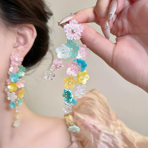 Wholesale Plastic Resin Handmade Flower Tassel Earrings With Silver Needle In Small Fresh Style