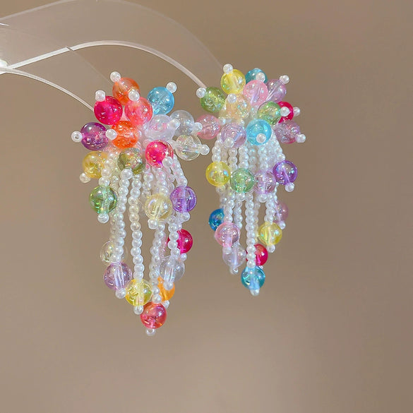 Wholesale Plastic Resin Handmade Flower Tassel Earrings With Silver Needle In Small Fresh Style