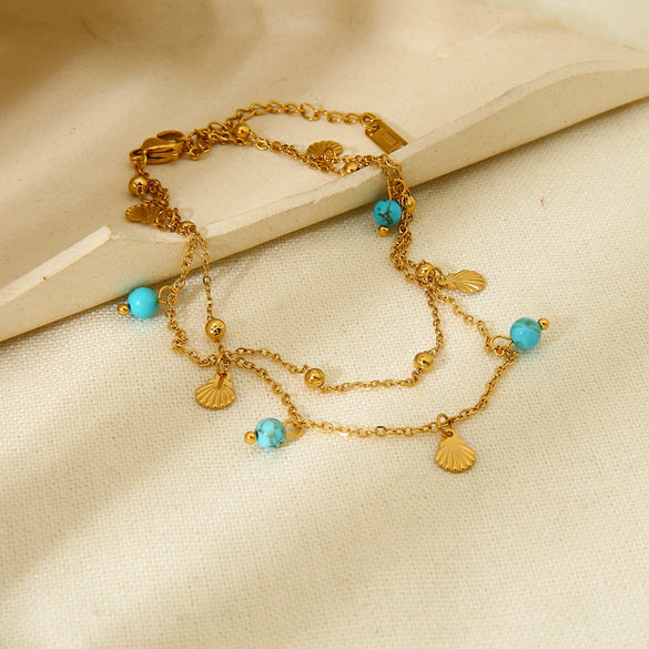 Wholesale Plated 18K Stainless Steel Geometric Natural Turquoise Pendant Mini Shell Tassel Doublelayer Foot Chain For Women