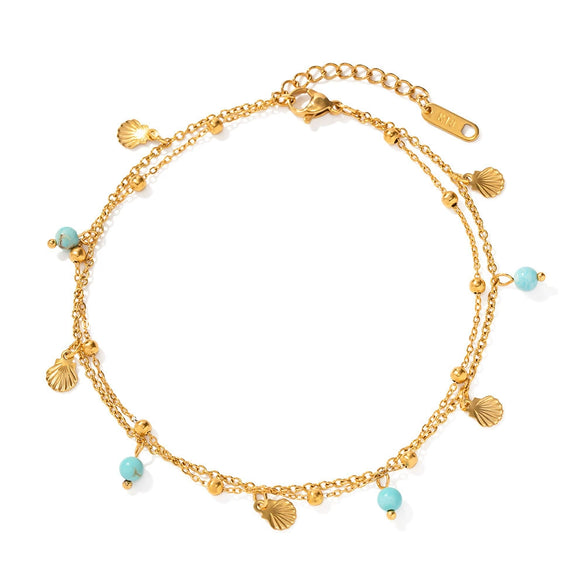 Wholesale Plated 18K Stainless Steel Geometric Natural Turquoise Pendant Mini Shell Tassel Doublelayer Foot Chain For Women