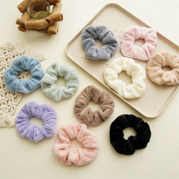 Wholesale Plush Hair Accessories For Women Handmade Rabbit Fur And Fabric Hair Rings Hair Flowers