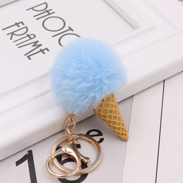 Wholesale Plush Imitation Rex Rabbit Fur Ice Cream Cone Key Chain Pendant