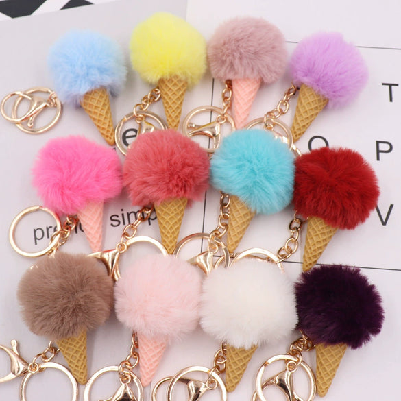 Wholesale Plush Imitation Rex Rabbit Fur Ice Cream Cone Key Chain Pendant
