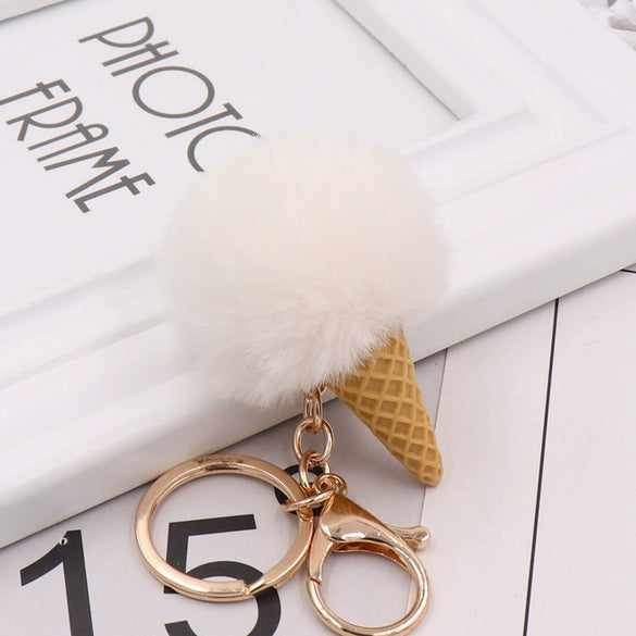 Wholesale Plush Imitation Rex Rabbit Fur Ice Cream Cone Key Chain Pendant