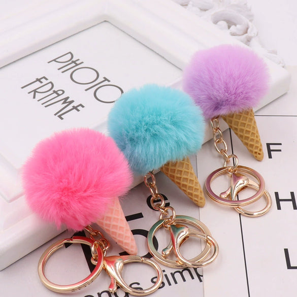 Wholesale Plush Imitation Rex Rabbit Fur Ice Cream Cone Key Chain Pendant