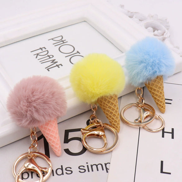 Wholesale Plush Imitation Rex Rabbit Fur Ice Cream Cone Key Chain Pendant