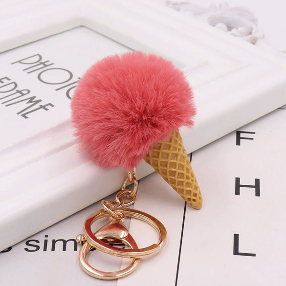Wholesale Plush Imitation Rex Rabbit Fur Ice Cream Cone Key Chain Pendant
