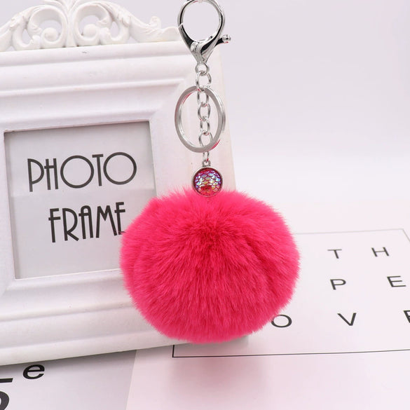 Wholesale Plush Mermaid Fish Scale Fur Ball Key Chain Modern Art Style Bag And Car Pendant