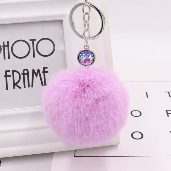 Wholesale Plush Mermaid Fish Scale Fur Ball Key Chain Modern Art Style Bag And Car Pendant