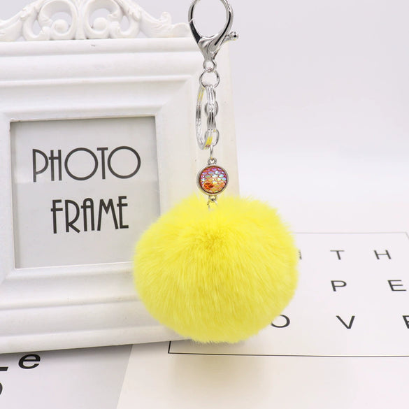Wholesale Plush Mermaid Fish Scale Fur Ball Key Chain Modern Art Style Bag And Car Pendant