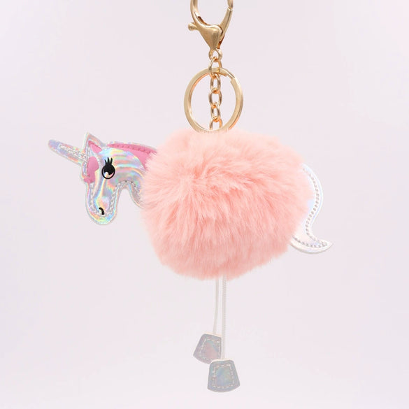 Wholesale Plush Unicorn Fur Ball Keychain With Pu Leather And Pony Cartoon Design