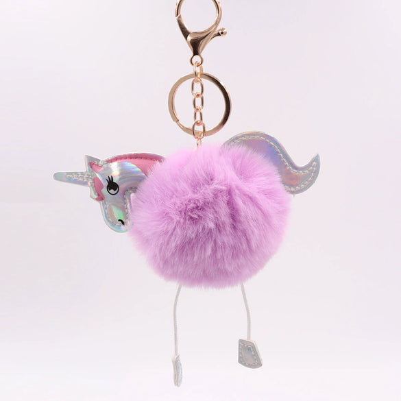 Wholesale Plush Unicorn Fur Ball Keychain With Pu Leather And Pony Cartoon Design