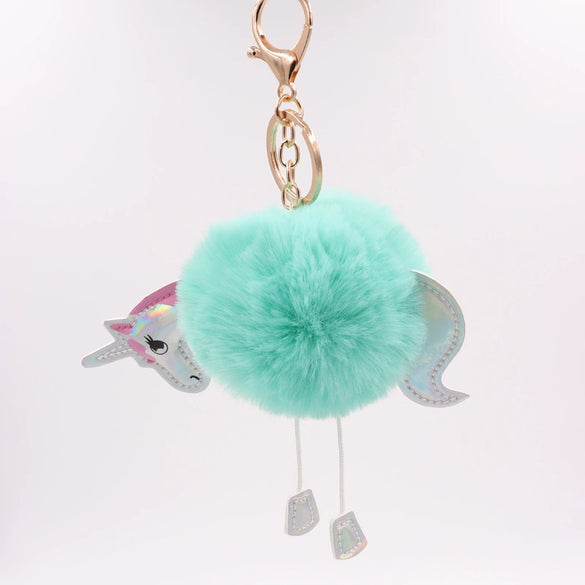 Wholesale Plush Unicorn Fur Ball Keychain With Pu Leather And Pony Cartoon Design