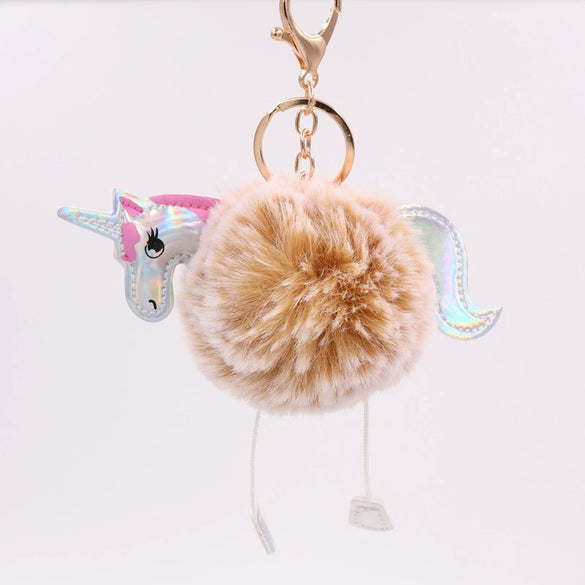 Wholesale Plush Unicorn Fur Ball Keychain With Pu Leather And Pony Cartoon Design