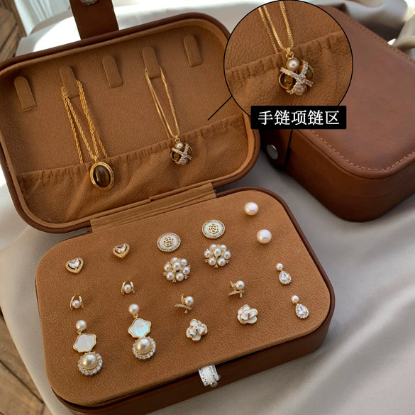 Wholesale Portable Doublelayer Leather Earrings And Necklace Jewelry Storage Box With Large Capacity Dustproof Solid Color