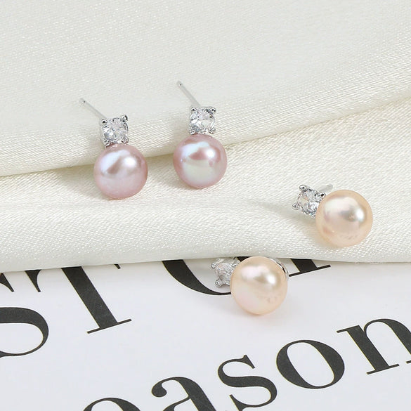 Wholesale Princess Freshwater Pearl Earrings 925 Silver Needle Copper Inlay Multicolor Natural Oblate Shape