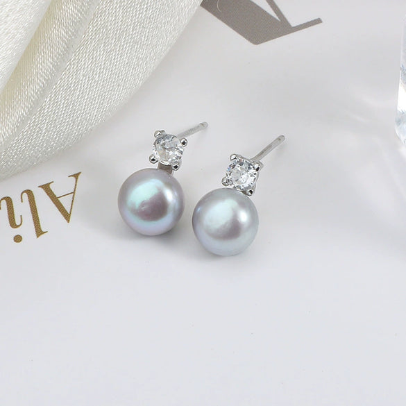 Wholesale Princess Freshwater Pearl Earrings 925 Silver Needle Copper Inlay Multicolor Natural Oblate Shape