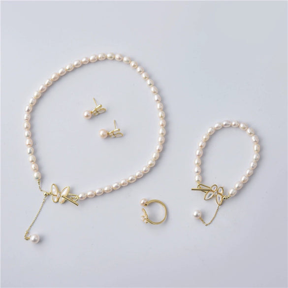 Wholesale Princess Style Copper And Freshwater Pearl Butterfly Jewelry Set With Rice And Droplet Shaped Pearls