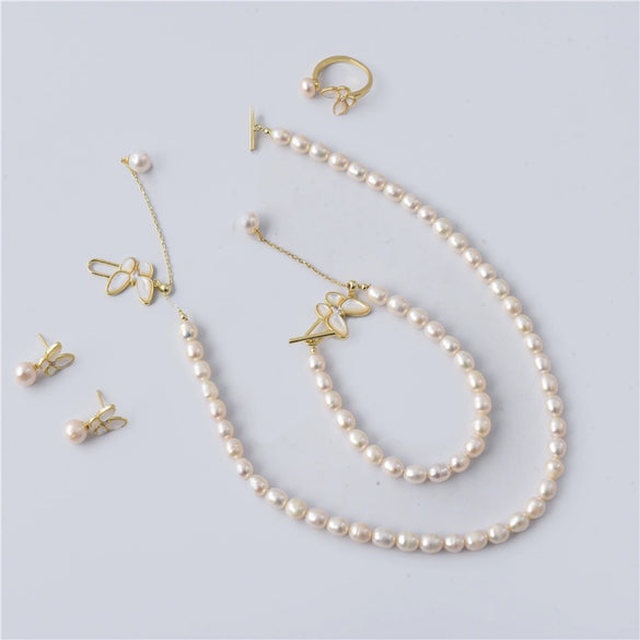 Wholesale Princess Style Copper And Freshwater Pearl Butterfly Jewelry Set With Rice And Droplet Shaped Pearls