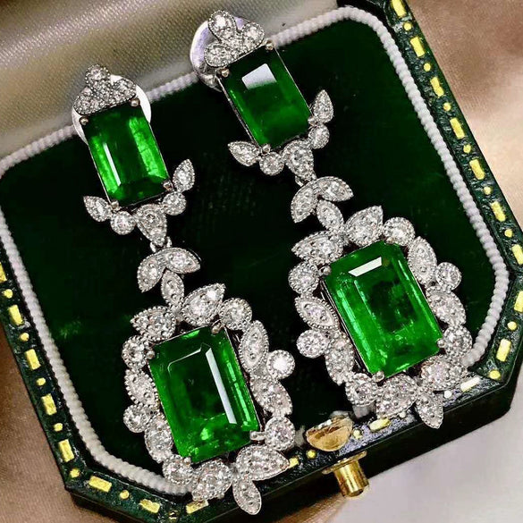 Wholesale Princess Style Flower Patterned Copper Inlaid Emerald Square Diamond Earrings For Women