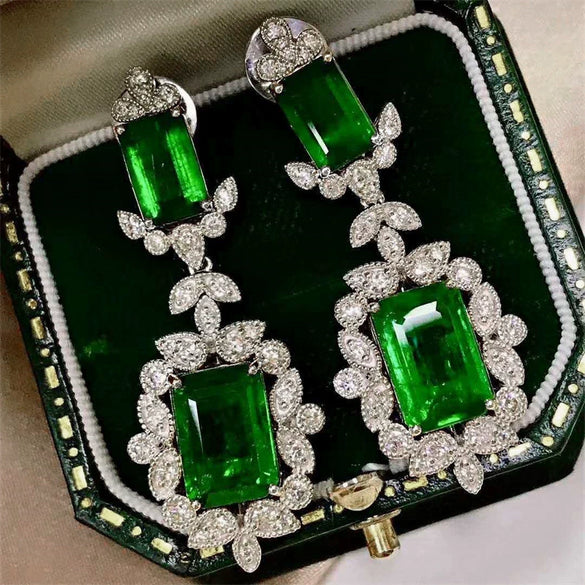 Wholesale Princess Style Flower Patterned Copper Inlaid Emerald Square Diamond Earrings For Women