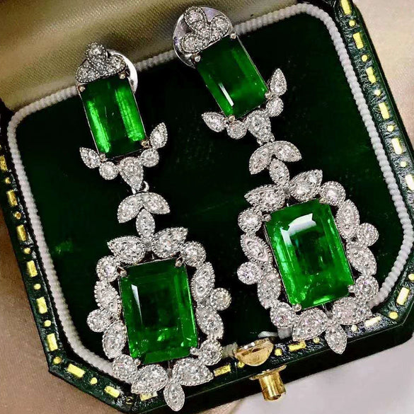 Wholesale Princess Style Flower Patterned Copper Inlaid Emerald Square Diamond Earrings For Women