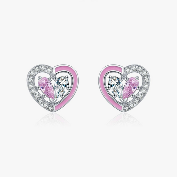 Wholesale Princess Style S925 Sterling Silver Heartshaped Earrings With Pink Enamel And Diamond Design