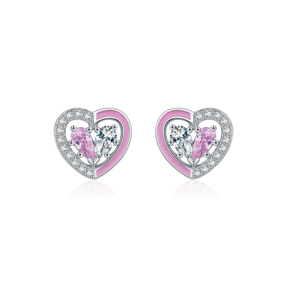 Wholesale Princess Style S925 Sterling Silver Heartshaped Earrings With Pink Enamel And Diamond Design