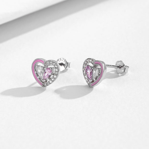 Wholesale Princess Style S925 Sterling Silver Heartshaped Earrings With Pink Enamel And Diamond Design