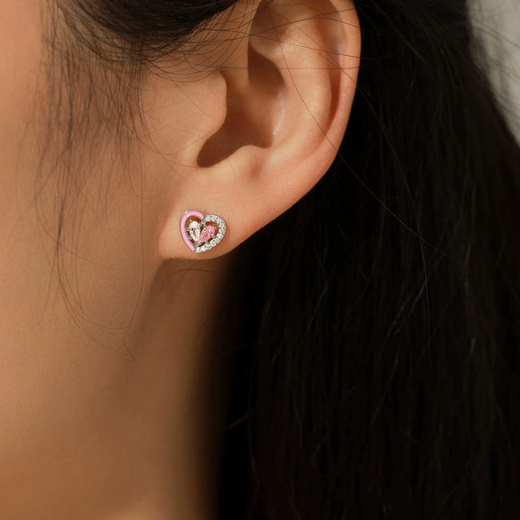 Wholesale Princess Style S925 Sterling Silver Heartshaped Earrings With Pink Enamel And Diamond Design