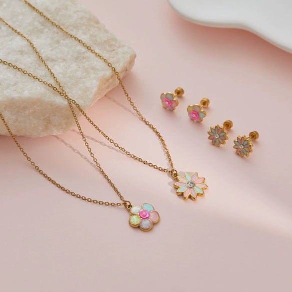 Wholesale Princess Style Stainless Steel And Titanium Steel Double Layer Flower Heart Drop Bell Geometric Necklace And Earrings Set For Girls