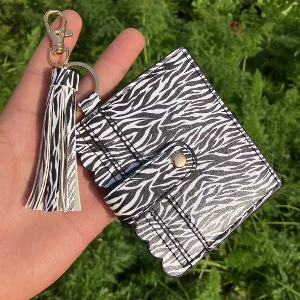 Wholesale Pu Leather Card Case Keychain With Leopard Snake Geometric Pattern Leather Tassel Pendant For Unisex