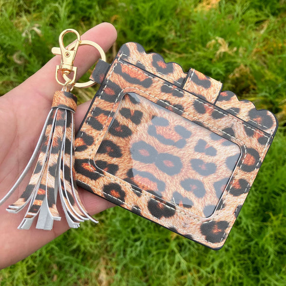 Wholesale Pu Leather Card Case Keychain With Leopard Snake Geometric Pattern Leather Tassel Pendant For Unisex