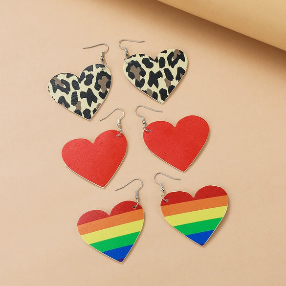 Wholesale Pu Leather Heartshaped Earrings With Red And Black Plaid And Rainbow Leopard Print Handmade