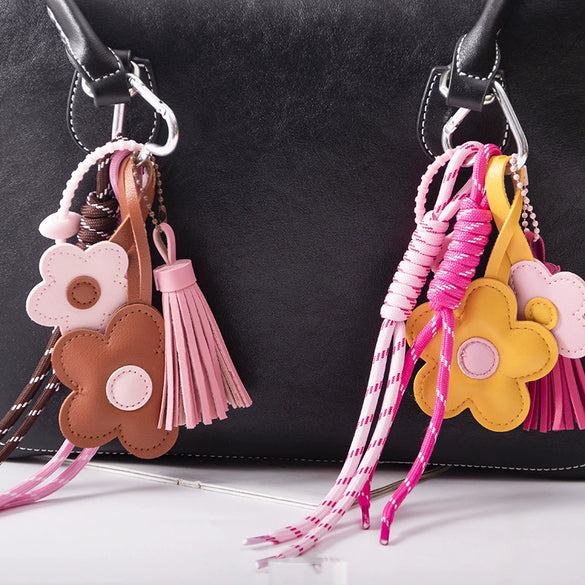 Wholesale Pu Leather Plants Flowers Pattern Semimanual Small Flower Tassel Pendant Car Keychain And Bag Pendant