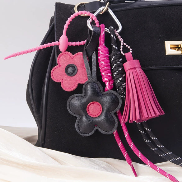 Wholesale Pu Leather Plants Flowers Pattern Semimanual Small Flower Tassel Pendant Car Keychain And Bag Pendant
