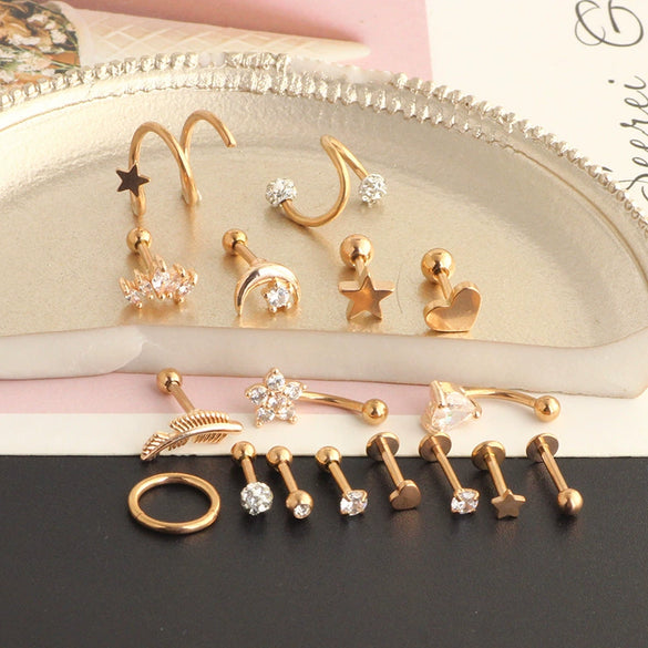 Wholesale Puncture Jewelry Stainless Steel Leaves Style Earrings Ear Clip Ear Nail Cartilage Set