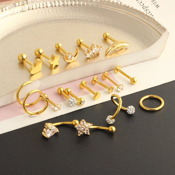 Wholesale Puncture Jewelry Stainless Steel Leaves Style Earrings Ear Clip Ear Nail Cartilage Set